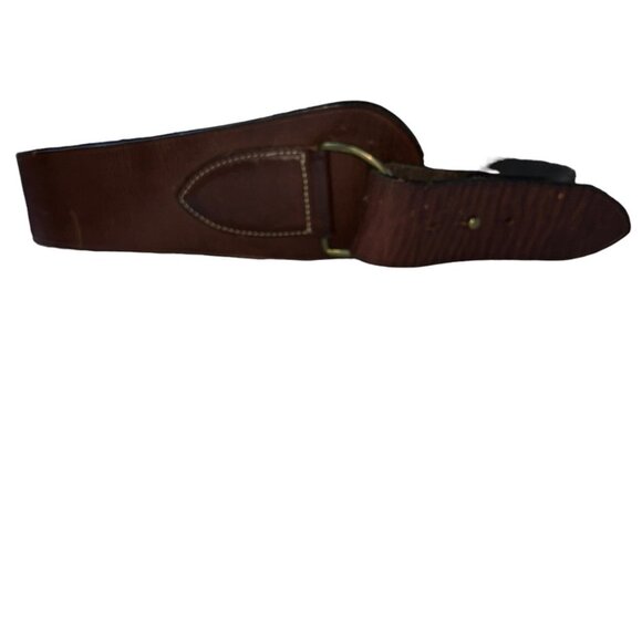 Ralph Lauren Coll Brown saddle leather wide statement brass buckle belt … - Picture 1 of 6